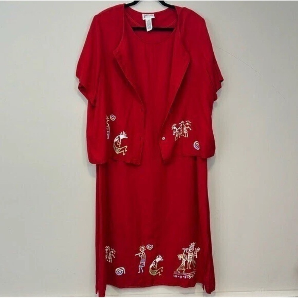 Jasmine by KVM 90s Kokopelli 2Pc Red Maxi Dress Set 1X Wearable Art Linen Blend